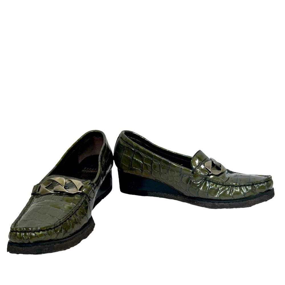 Stuart Weitzman Chain Leather Croc Embossed Loafer Wedge Driving Shoes Green 6.5